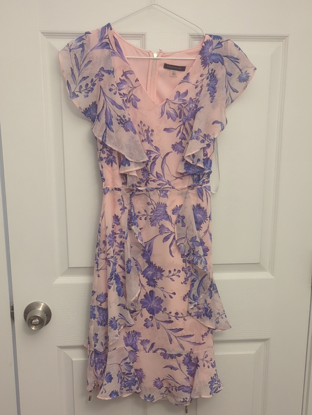Tommy Hilfiger Chiffon Pink and Blue Ruffle Wrap Dress